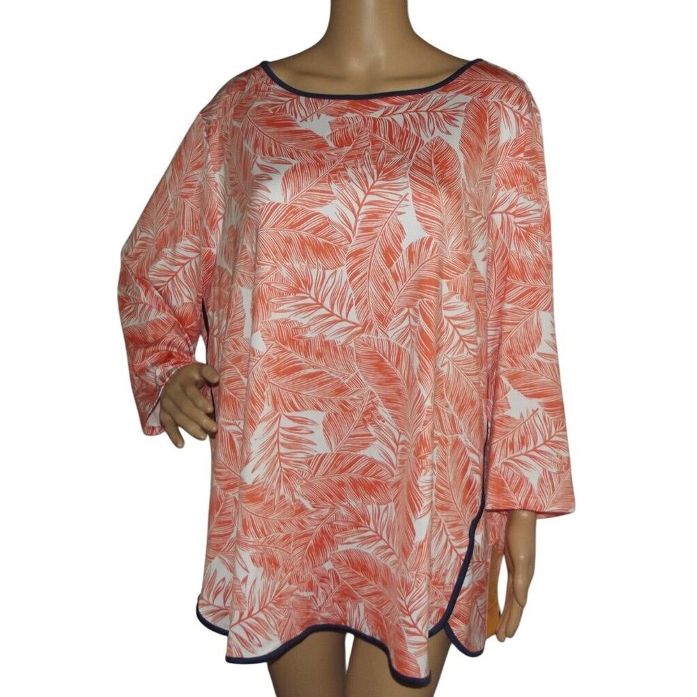 Ruby Rd Blouse 2X orange white blue palm leaf print long tunic top shirt
